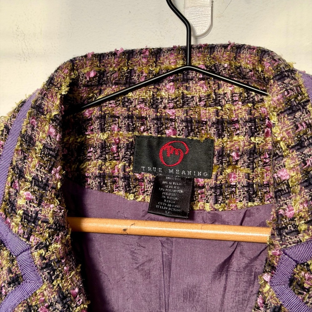 💜✨ True Meaning Tweed Blazer Purple Bouclé Frayed Trim Size M - Picture 4 of 8